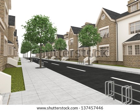 computer generated visualization of terraced housing project. classic victorian style of architecture.