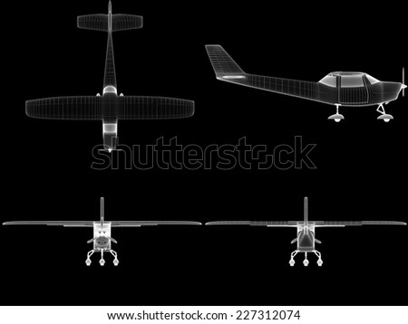 Computer generated visualization of private light aircraft. Modern airplane design in low key lighting and black background.