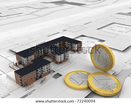 euro money and apartment building on technical drawings