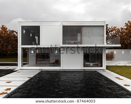 Very modern house visualization, contemporary architecture in autumn scenery, backyard view with terrace and pool.