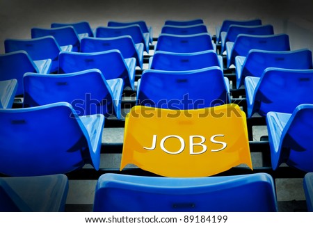 Many  blue and yellow seat  with jobs wording ,job concept