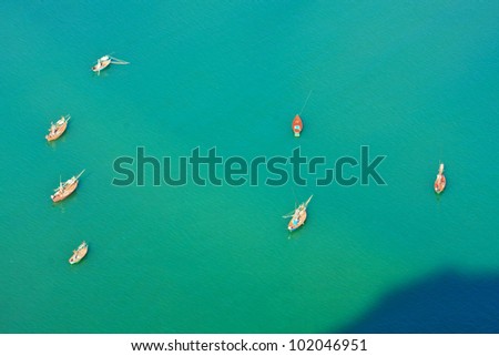 Bird eye view with fishing thai boats, The Beauiful Sea scape, Thailand