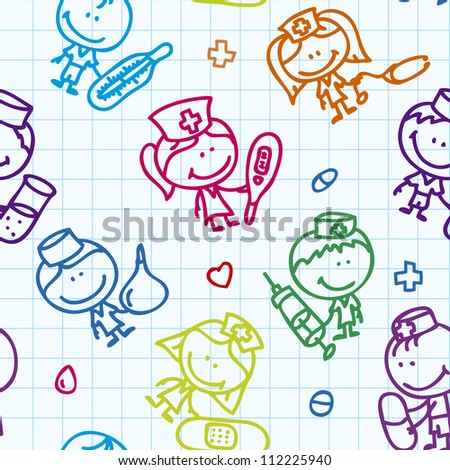 Seamless background of doodle happy children with medical tools plays hospital on school paper