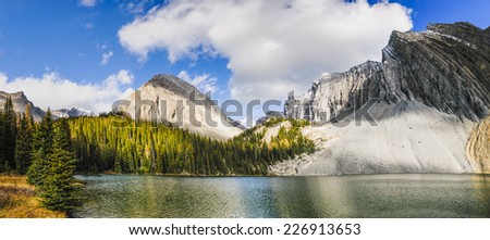 Scenic Landscapes of a high mountain lake, Chester Lake area of Kananaskis Country Alberta Canada on a sunny Autumn afternoon.