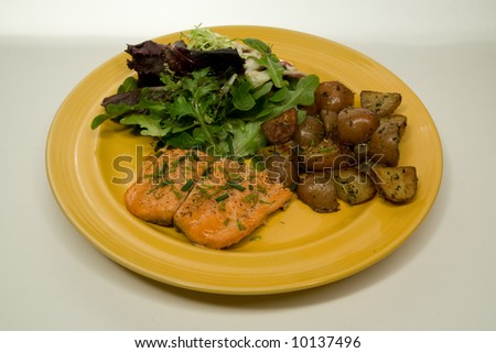 Steelhead trout with roasted potatoes, and salad
