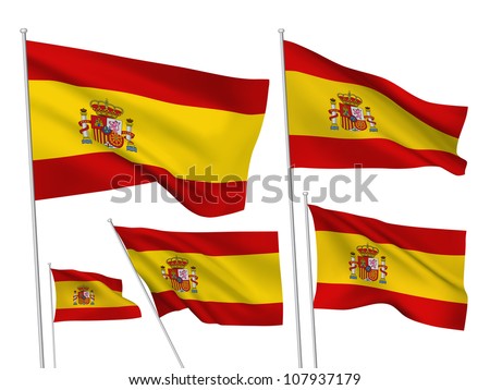 Spain vector flags set. 5 wavy 3D cloth pennants fluttering on the wind. EPS 8 created using gradient meshes isolated on white background. Five fabric flagstaff design elements from world collection