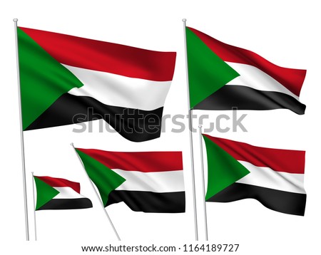 Sudan vector flags set. 5 different wavy fabric 3D flags fluttering on the wind. EPS 8 created using gradient meshes isolated on white background. Five design elements from world collection