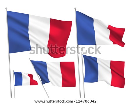 France vector flags set. 5 wavy 3D cloth pennants fluttering on the wind. EPS 8 created using gradient meshes isolated on white background. Five fabric flagstaff design elements from world collection