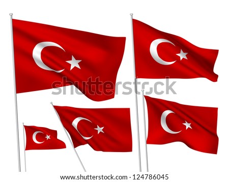 Turkey vector flags set. 5 wavy 3D cloth pennants fluttering on the wind. EPS 8 created using gradient meshes isolated on white background. Five fabric flagstaff design elements from world collection