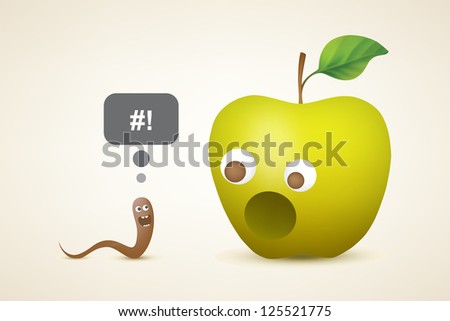 Funny scared apple and happy worm. Vector illustration created using gradient meshes