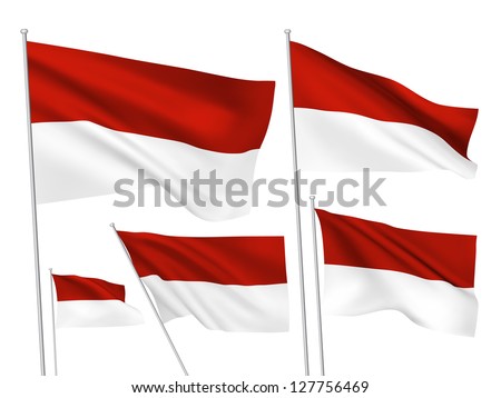 Indonesia vector flags set. 5 wavy 3D cloth pennants fluttering on the wind. EPS 8 created using gradient meshes isolated on white background. Five flagstaff design elements from world collection