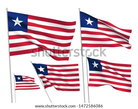 Liberia vector flags set. 5 different wavy fabric 3D flags fluttering on the wind. EPS 8 created using gradient meshes isolated on white background. Five design elements from world collection