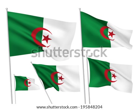 Algeria vector flags set. 5 wavy 3D cloth pennants fluttering on the wind. EPS 8 created using gradient meshes isolated on white background. Five fabric flagstaff design elements from world collection