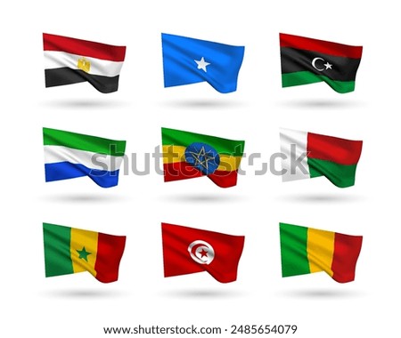 A set of 9 vector flag icons of African countries, isolated on white background. 3D style design elements from world collection created using gradient mesh