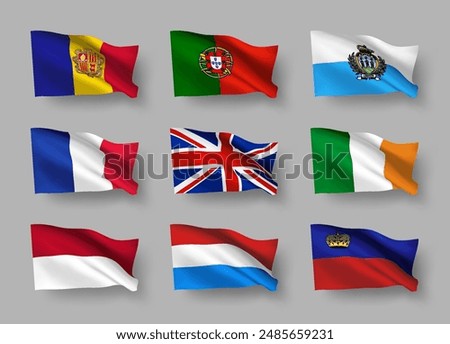 A set of 9 vector flag icons of West European countries with shadows, isolated on grey background. 3D styled design elements from world collection created using gradient mesh