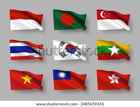 A set of 9 vector flag icons of South Asian countries with shadows, isolated on grey background. 3D styled design elements from world collection created using gradient mesh