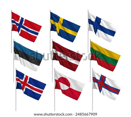 A set of 9 vector flags of North European countries, with metallic flagpole, isolated on white background. 3D wavy design elements from world collection created using gradient mesh