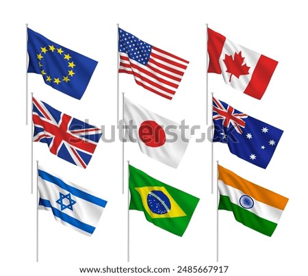 A set of 9 vector flags of countries, with metallic flagpole, isolated on white background. 3D wavy design elements from world collection created using gradient mesh