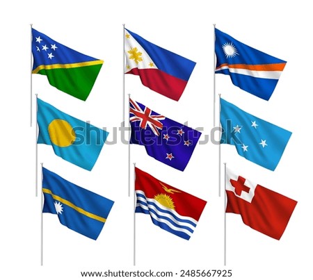 Set of 9 vector flags of Pacific islands countries, with metallic flagpole, isolated on white background. 3D wavy design elements from world collection created using gradient mesh