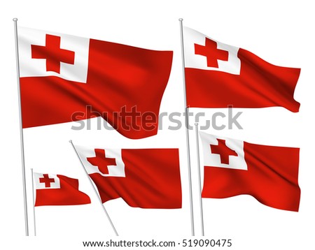 Tonga vector flags set. 5 wavy 3D cloth pennants fluttering on the wind. EPS 8 created using gradient meshes isolated on white background. Five fabric flagstaff design elements from world collection