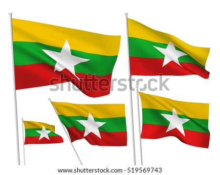 Burma, Myanmar vector flags set. 5 wavy 3D cloth pennants fluttering on the wind. EPS 8 created using gradient meshes isolated on white background. Five flagstaff design elements from world collection