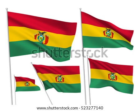 Bolivia vector flags set. 5 wavy 3D cloth pennants fluttering on the wind. EPS 8 created using gradient meshes isolated on white background. Five fabric flagstaff design elements from world collection