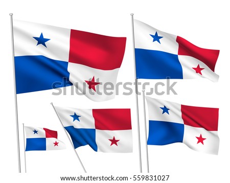 Panama vector flags set. 5 wavy 3D cloth pennants fluttering on the wind. EPS 8 created using gradient meshes isolated on white background. Five fabric flagstaff design elements from world collection