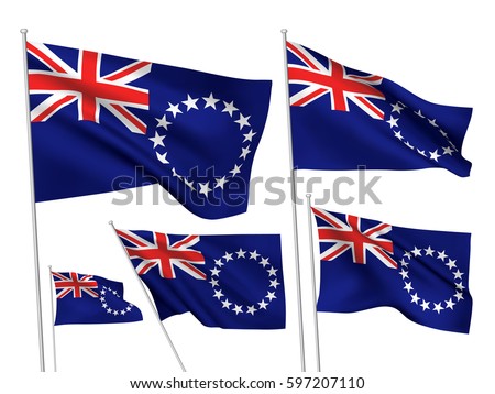 Cook Islands vector flags set. 5 wavy 3D cloth pennants fluttering on the wind. EPS 8 created using gradient meshes isolated on white background. Five flagstaff design elements from world collection