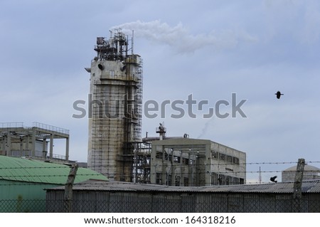 Chemical factory behind the barbed wire with few birds in frame