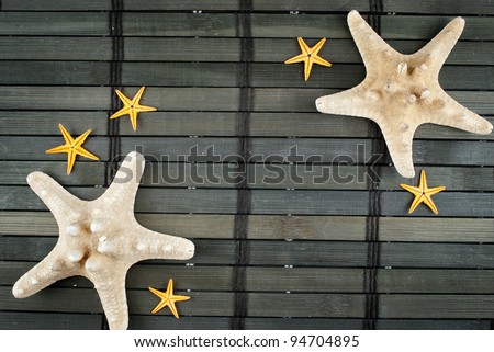 Marine still life of several sea-stars on a wooden mat in dark tones.