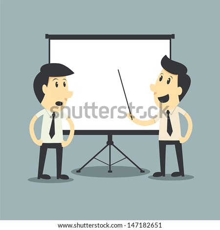 businessman presenting, white billboard with empty space. Presentation screen. 