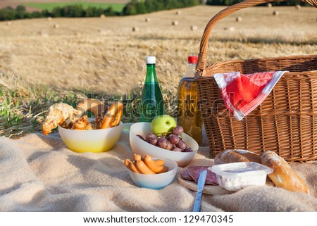 Picnic basket and different food and drinks on hay field