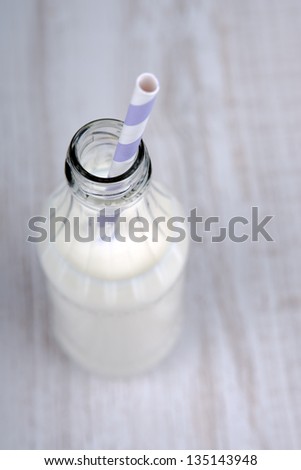 Opened bottle with milk. On wooden texture background
