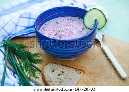 Cold soup with beetroots and cucumber. Traditional food in Russia, called borscht
