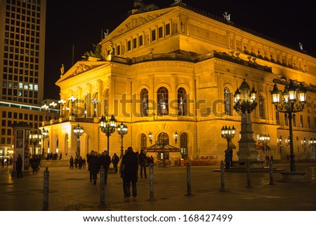 FRANKFURT - MAR 2: Alte Oper at night on March 2, 2013 in Frankfurt, Germany. Alte Oper is a concert hall built in the 1970s on the site of and resembling the old Opera House destroyed in WWII.