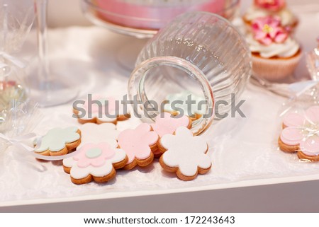 Detail of sweet table on wedding with sweet cakes