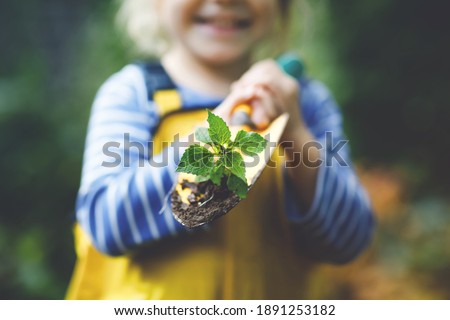 Adorable little toddler girl holding garden shovel with green plants seedling in hands. Cute child learn gardening, planting and cultivating vegetables in domestic garden. Ecology, organic food.