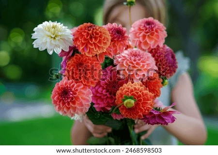 Image, Stock Photo Bouquet of summer flowers, the flowers already fading. Photographed from above on a patterned tablecloth.