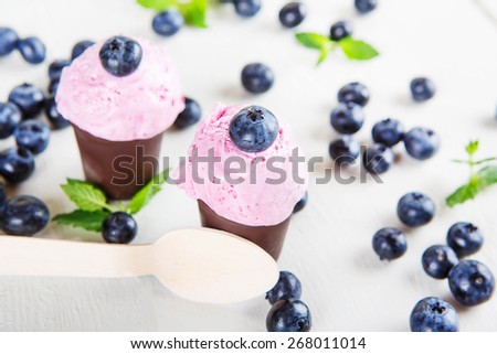 Blueberry vegan organic ice cream or frozen yogurt in chocolate cup and sprig of mint, with fresh berries. healthy bio snack for summer.