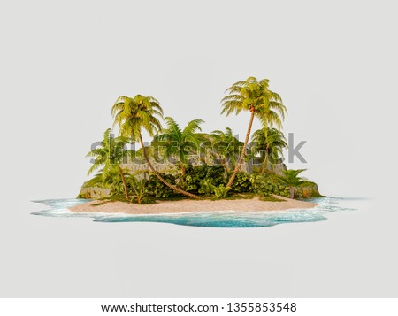 Unusual 3d illustration of a tropical island. Travel and vacation concept.