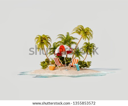 Unusual 3d illustration of a tropical island. Two deck chairs under umbrella on a beautiful beach. Travel and vacation concept.