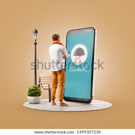 Unusual 3d illustration of a young man standing at big smartphone and ordering food. Food Delivery apps concept. Online restaurant food.