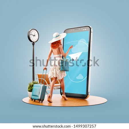Unusual 3d illustration of a young woman with travel suitcase goes to big smartphone screen and using smart phone application. Smartphone travel apps concept. Searching flights and hotel reservation