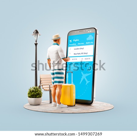 Unusual 3d illustration of a young man standing in front of smartphone and using travel fare aggregator application for searching flights. Cheap flights searching and booking apps concept.