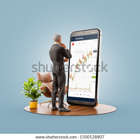 Unusual 3d illustration of a businessman standing in front of smartphone with Stock market graph. Finance and investment Smartphone apps concept.
