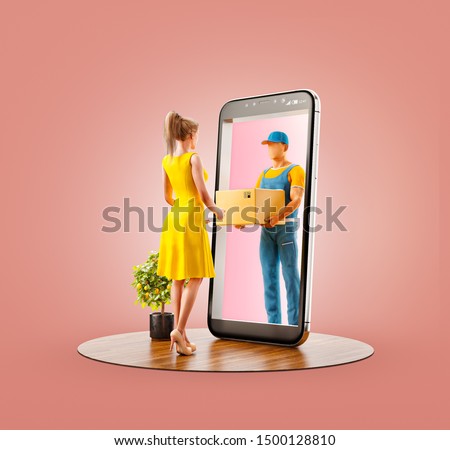 Unusual 3d illustration of a young woman receiving parcel from delivery service courier through smart phone screen. Delivery and post apps concept.