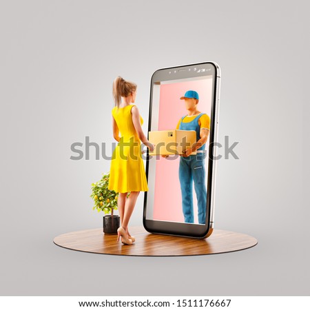 Unusual 3d illustration of a young woman receiving parcel from delivery service courier through smart phone screen. Delivery and post apps concept.