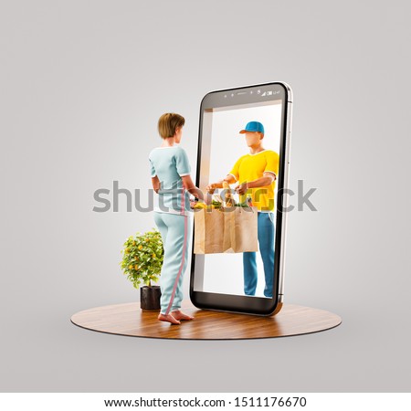 Unusual 3d illustration of a Young woman receiving order from courier. Food delivery service smart phone application. Smartphone apps concept.