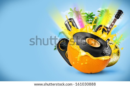 Musical background with a vinyl disc and orange. Tropical patry