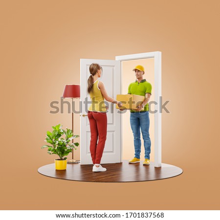 Young woman receiving cardboard box from delivery service courier at the door. 3d illustration Delivery and post concept.